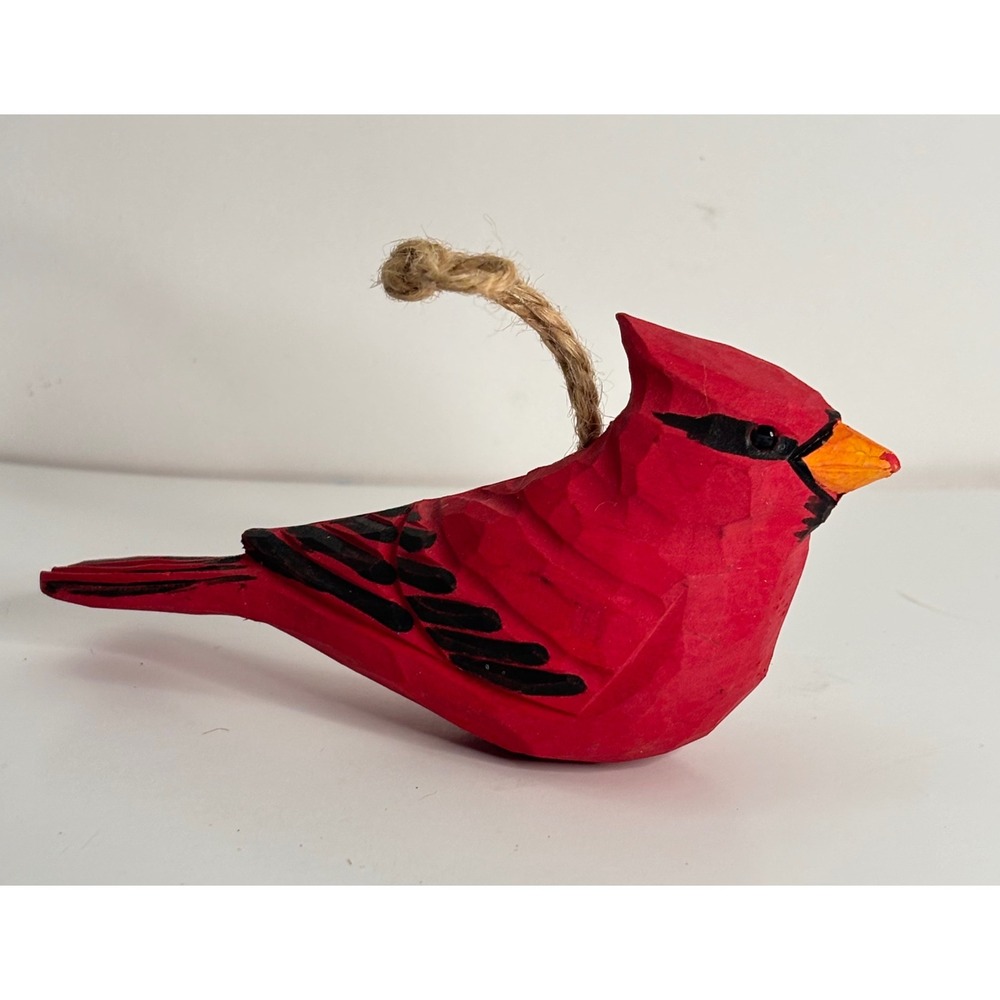 Vintage Hand Carved Wood Cardinal Christmas Ornament Red Bird Folk Art Decor